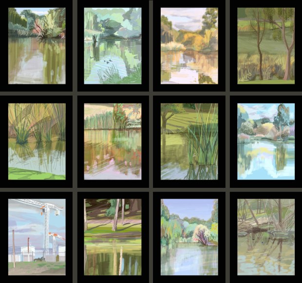 "En Plein air", 2013. Mp4 on digital photo frames, approx 96cm x 100cm multi panel work.