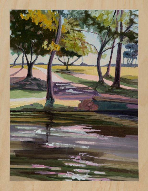 Riverscape with long shadows 2014 Oil on plywood 76cm x 59cm SOLD