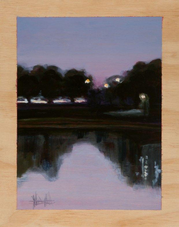 Parkscape in the pre-dawn 2014 Oil on plywood 38cm x 30cm SOLD