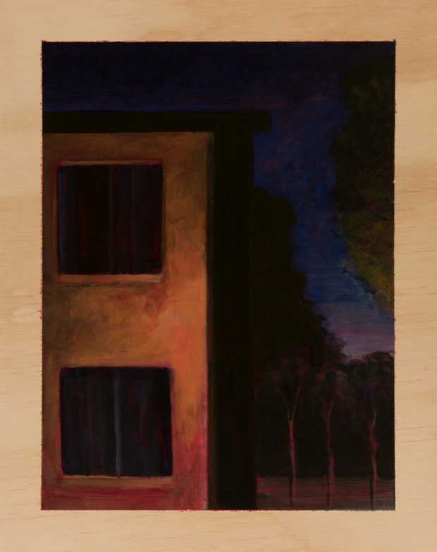 Eveningscape with lit building 2014 Oil on plywood 38cm x 30cm SOLD