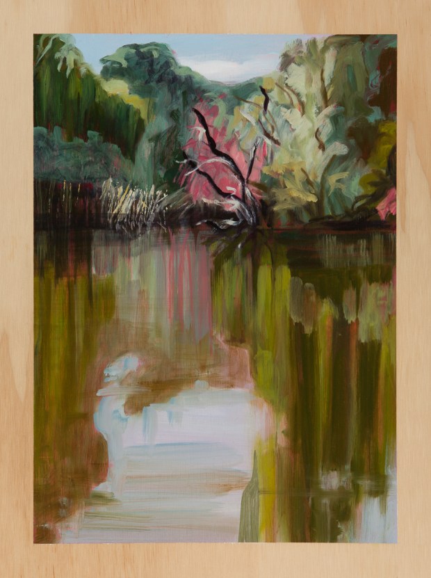 Riverscape with heat and Stillwater reflections 2013 Oil on plywood 40cm x 30cm 