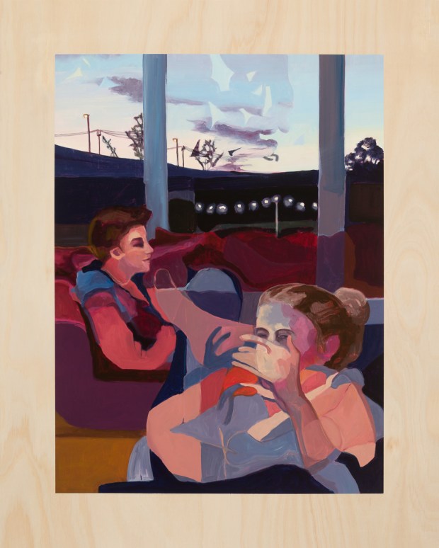 "Five windows with show lights", 2015 Oil on marine ply 100cm x 80cm 